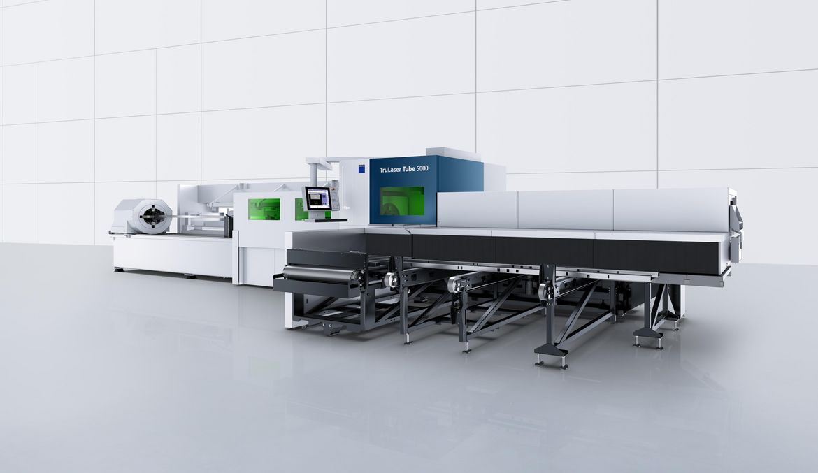 TruLaser Tube 5000 s odebírací stanicí a dopravníkem šrotu