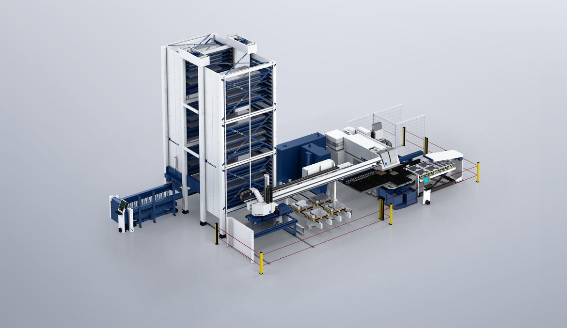 TruMatic 7000 sur TruStore 3030 avec SheetMaster, double chariot de chargement sur glissières, SortMaster Pallet, SortMaster Box, GripMaster et ToolMaster